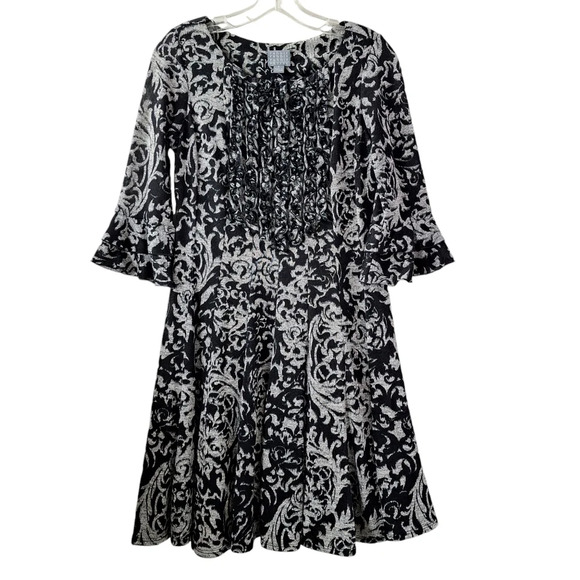 VTG Rabbit Rabbit Rabbit Sz 8 Petite Black Gray Ruffle Pleated Flare Lined Dress - Picture 1 of 12